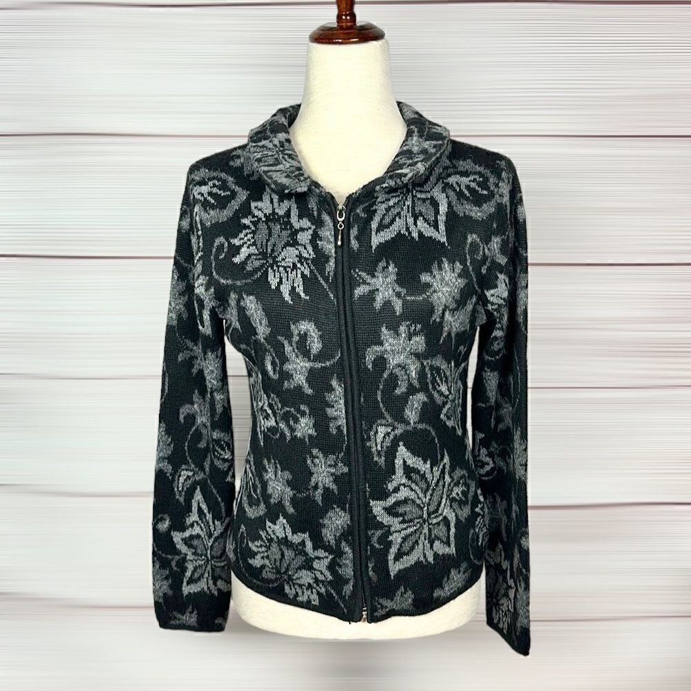 Peruvian Link Alpaca Black Gray Floral Zip Front Mock Neck Cardigan Sweater S